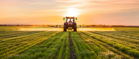 Fototapeta premium A tractor working in a green field during a beautiful sunset, showcasing agricultural practices in a serene rural landscape.