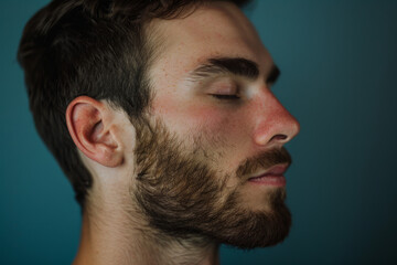 Obraz premium A close up of a man with beard and closed eyes looking to a side