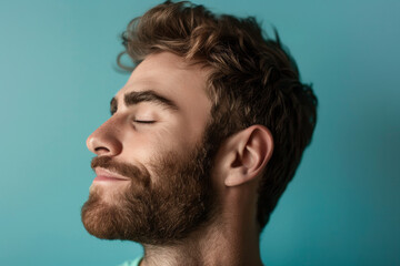 Fototapeta premium A close up of a man with beard and closed eyes looking to a side