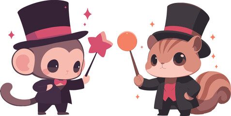 two cute characters are dressed as animals holding magic wands