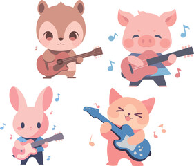 four different cartoon animals playing guitar and playing an acoustic instrument