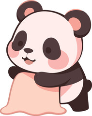 a panda sitting on a pillow with a pink heart in his hands