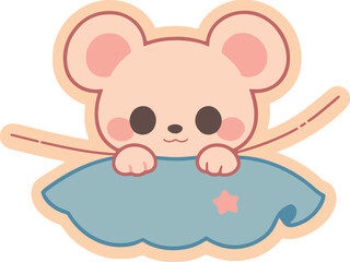 Cartoon tiny mouse resting on a cloud-shaped pillow