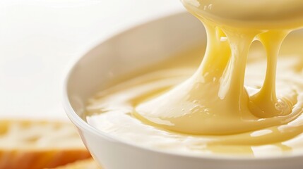 Close-up of a bowl with creamy, smooth condensed milk, showing its rich texture and consistency, perfect for cooking and baking.