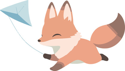 Obraz premium Cartoon fox flying a kite together