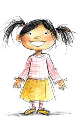Hand-drawn little girl with ponytails wearing a pink plaid T-shirt and a yellow skirt on a white background.