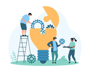 Creative idea development and organization process, optimization and progress in work. Tiny people open light bulb with different gears and cogwheels of machine to repair cartoon vector illustration