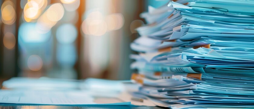 Close-up of a large stack of papers and documents on a desk, symbolizing workload, office work, and paperwork organization.