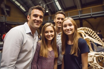 teacher and students smiling in natural history museum