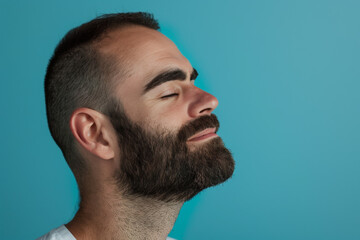 Obraz premium A close up of a man with beard and closed eyes looking to a side