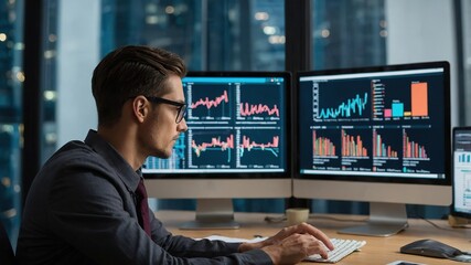  Male data analyst looking at a bunch of data Visualisation and various type of graphs on computer screens