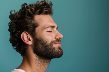 Fototapeta premium A close up of a man with beard and closed eyes looking to a side