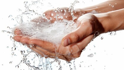 Close-up of cupped hands holding and splashing water droplets, emphasizing cleanliness and freshness in a white background setting.