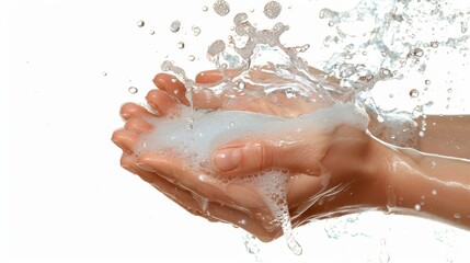 Fototapeta premium Close-up of hands being washed with soap and water, emphasizing hygiene, cleanliness, and health. Perfect for healthcare and wellness imagery.
