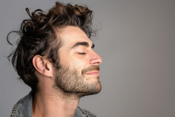 Obraz premium A close up of a man with beard and closed eyes looking to a side