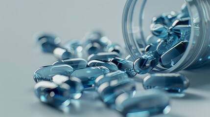 Close-up of spilled blue capsules from a glass jar on a smooth surface, showcasing a clean and modern health concept. - Powered by Adobe