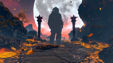 An astronaut standing on a surreal alien planet with large moons, fiery embers, an abstract scene great for backgrounds or wallpapers, a possible best-seller