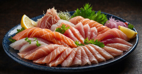 sasimi dish on plate on wooden table