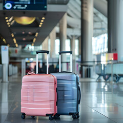 Two suitcases, pink and blue, stand ready in a bright airport hall