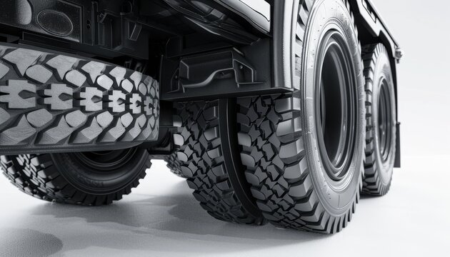 Close-up shot of heavy-duty truck tires with deep treads, highlighting the robust design and durability for off-road or industrial use.