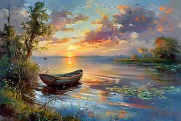 Obraz premium Serene Lake Sunset with Small Boat Reflecting in Calm Waters
