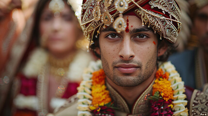 Traditional Indian bridegroom with cultural attire during wedding ceremony