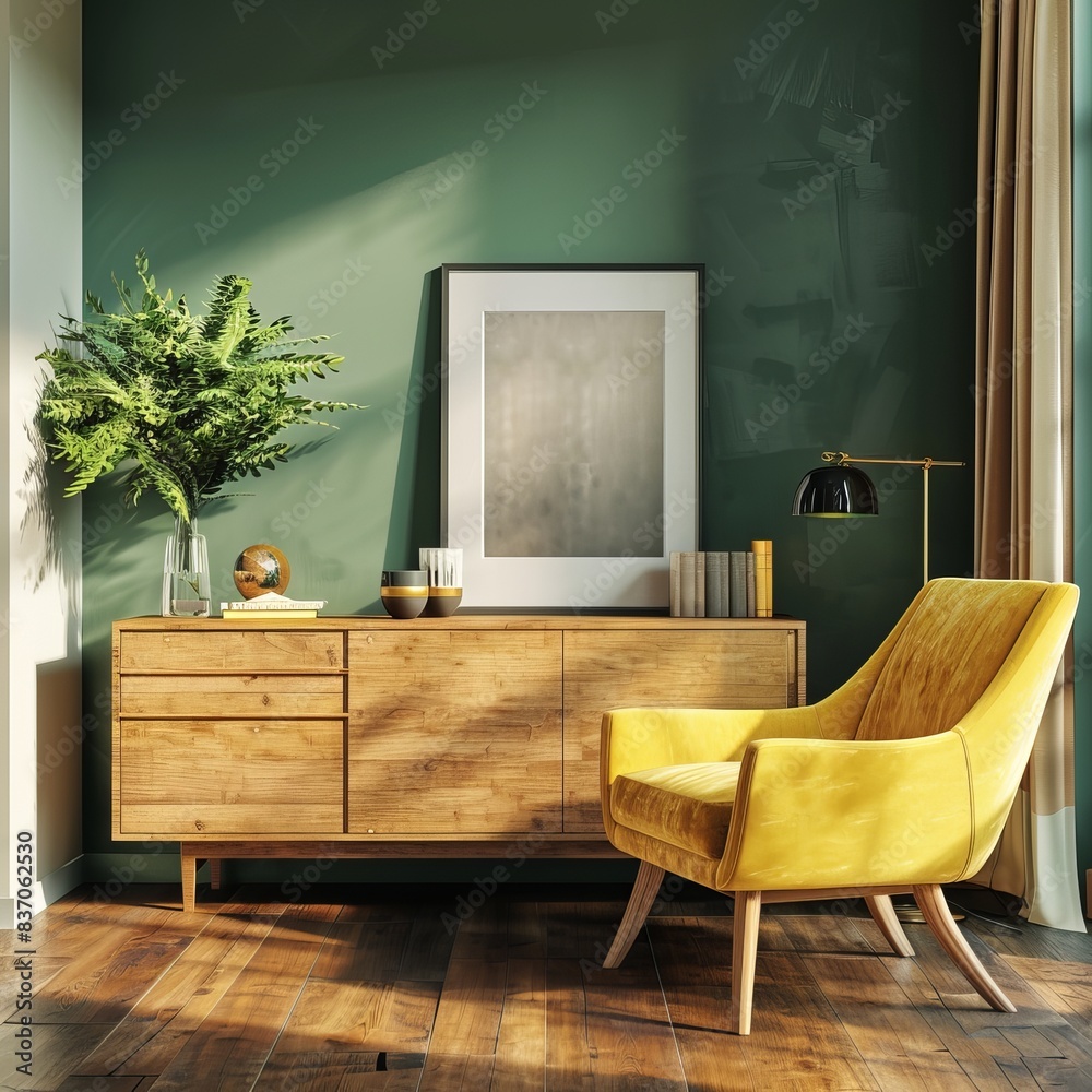 Canvas Prints Modern home decor with a vibrant yellow chair and wooden sideboard serves as a top abstract wallpaper and background for a best-seller