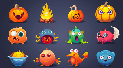 Asset of Mobile game, Halloween, slot game isolation on dark background, Illustration