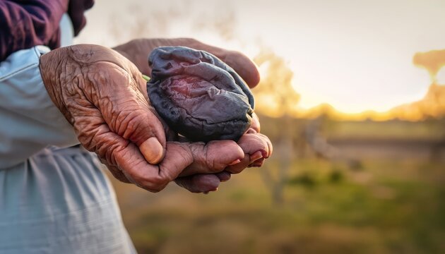 hand of old man holding a prun