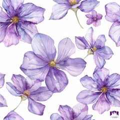 Elegant vector seamless pattern with watercolor purple flowers on white background