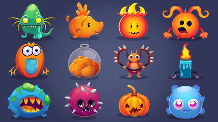 Obraz premium Asset of Mobile game, Halloween, slot game isolation on dark background, Illustration