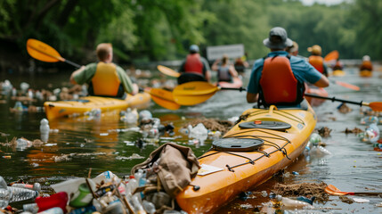 a  of a river clean-up event with volunteers in kayaks collecting trash from the water, Environmental actions, climate marches, protect the environment, with copy spa