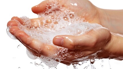 Fototapeta premium Person washing hands with soap and water, producing a lather of bubbles for hygiene and cleanliness on white background.