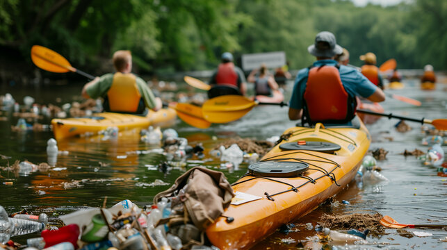 a  of a river clean-up event with volunteers in kayaks collecting trash from the water, Environmental actions, climate marches, protect the environment, with copy spa