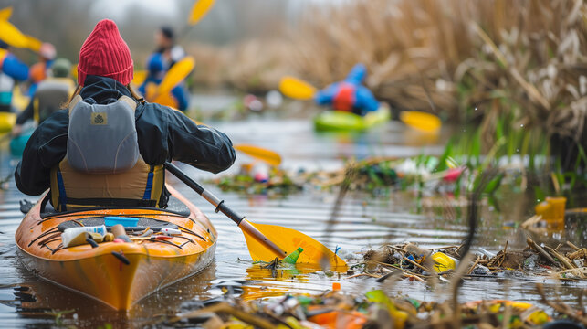 a  of a river clean-up event with volunteers in kayaks collecting trash from the water, Environmental actions, climate marches, protect the environment, with copy spa