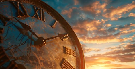 The background is the sky with clouds, time concept, closeup of clock face with hands moving from left to right at sunset. This visual metaphor emphasizes importance for healthy lifestyle and selfcare