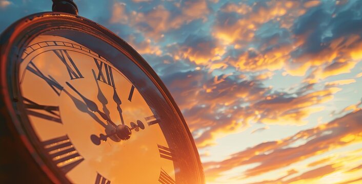 The background is the sky with clouds, time concept, closeup of clock face with hands moving from left to right at sunset. This visual metaphor emphasizes importance for healthy lifestyle and selfcare