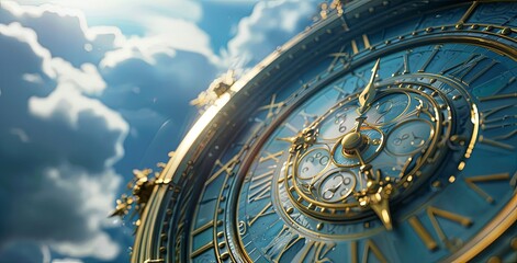 Obraz premium The background is the sky with clouds, time concept, closeup of clock face with hands moving from left to right at sunset. This visual metaphor emphasizes importance for healthy lifestyle and selfcare