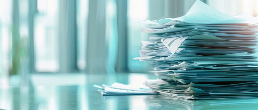 Stack of documents on an office desk with a blurred background, representing paperwork, administrative tasks, and office work.