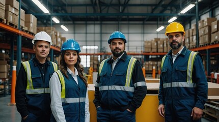 Full team of warehouse employees standing in warehouse. Team of workers in reflective clothing in modern industrial factory, heavy industry, manufactrury