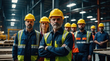 Full team of warehouse employees standing in warehouse. Team of workers in reflective clothing in modern industrial factory, heavy industry, manufactrury