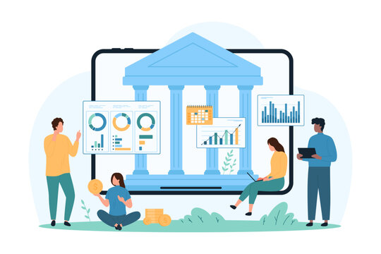 Banking mobile app for financial data analysis. Tiny people analyze digital graphs and diagrams of payments on tablet dashboard, work with account in virtual bank building cartoon vector illustration