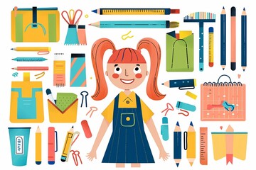 Collection of school supplies and a little girl smiling, prepared to learn, vector illustration in a flat design on white