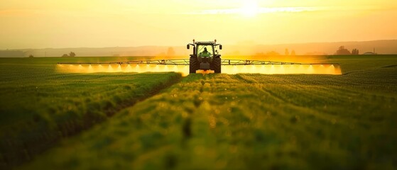 Fototapeta premium Tractor spraying pesticides over a lush green field at sunrise, capturing the beauty of agricultural machinery in morning light.