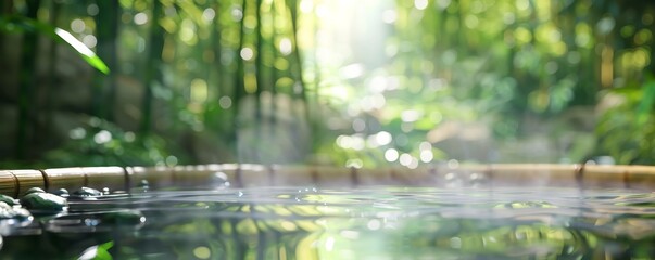 Fototapeta premium Tranquil hot spring pool with steam rising in lush bamboo forest, serene natural retreat captured beautifully in soft, morning light.
