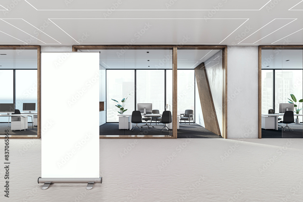 Poster modern glass office hallway with white mock up roll-up banner. 3d rendering.