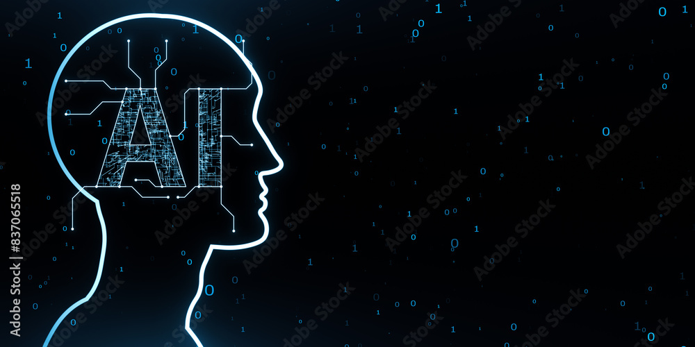 Poster Creative glowing AI head outline hologram on dark background with binary coding and mock up place. Artificial intelligence and technology concept. 3D Rendering.