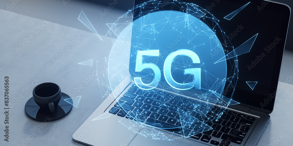 Poster Close up of laptop and coffee cup with creative polygonal globe with 5g internet hologram on blurry background. Technology, data and future and mobile internet concept. 3D Rendering.