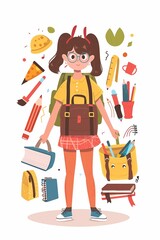 Flat style vector of a cute girl with a backpack and school supplies, ready for school, white background