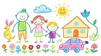 Naklejka premium Love blooms in every color! A child's chalk masterpiece features their family surrounded by beautiful flowers and a warm sun, symbolizing love and growth.